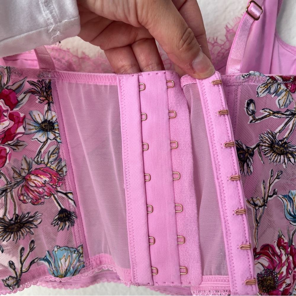 Whimsigoth Pink Floral Corset Crop Top Lace Bustier Fairycore Cottagecore Y2K - Picture 6 of 13